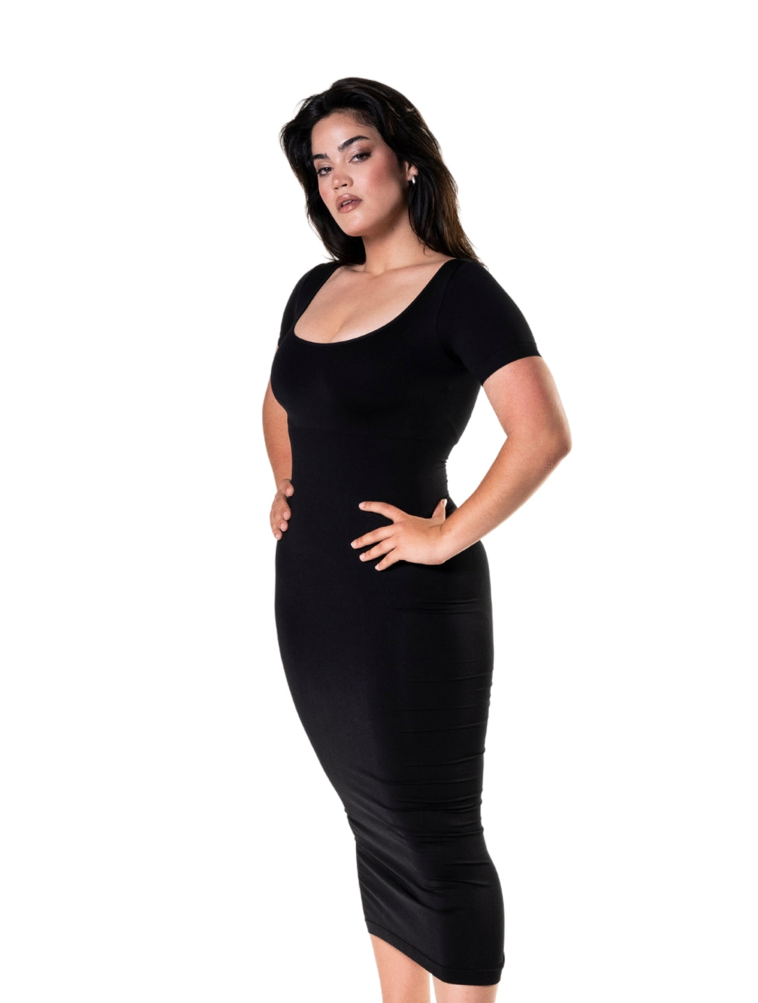 Mandy | Figurbetontes Shapewear-Kleid mit Midislit und kurzen Ärmeln